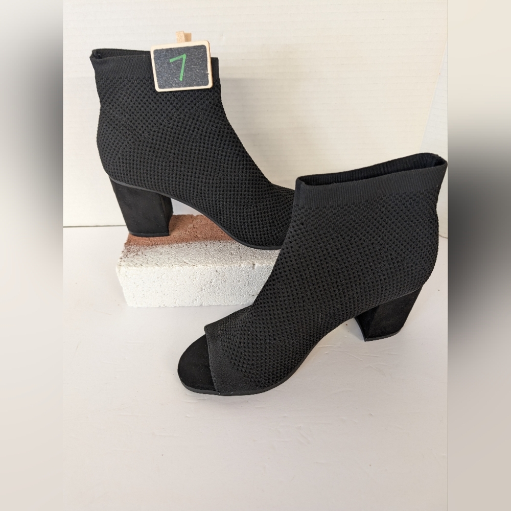 Black Ankle Fabric Boots With Peep Toes Size 7